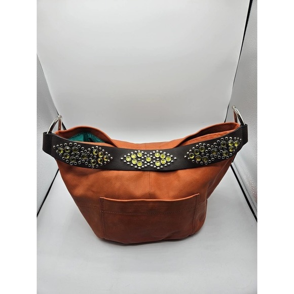 Gianni Bini Womens Zip Top Orange‎ Solid Leather Shoulder Handbag Jewel Strap - Picture 2 of 14